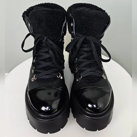 Steve Madden Women's Black Reyen Lace-Up Lug-Sole Quilted Leather Hiker Boot 8.5