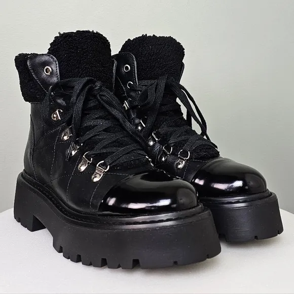 Steve Madden Women's Black Reyen Lace-Up Lug-Sole Quilted Leather Hiker Boot 8.5