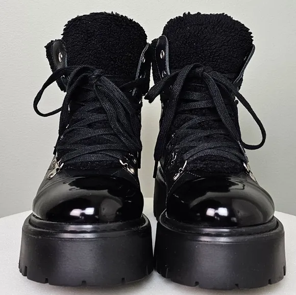 Steve Madden Women's Black Reyen Lace-Up Lug-Sole Quilted Leather Hiker Boot 8.5