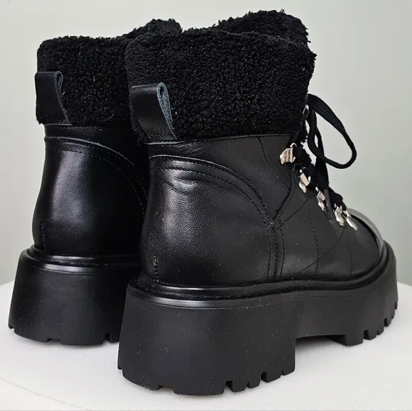 Steve Madden Women's Black Reyen Lace-Up Lug-Sole Quilted Leather Hiker Boot 8.5