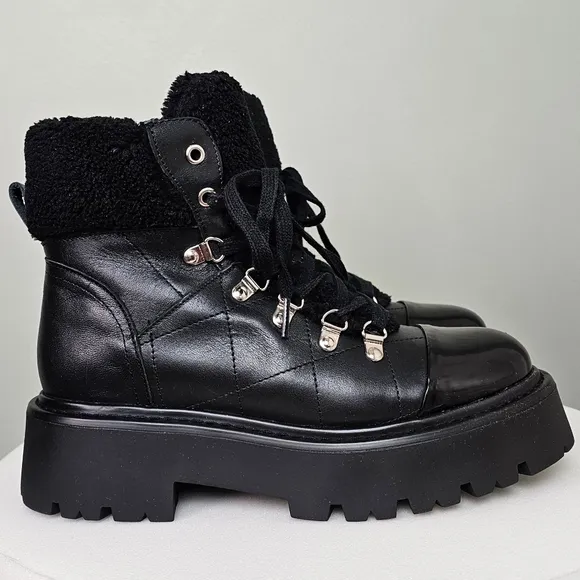 Steve Madden Women's Black Reyen Lace-Up Lug-Sole Quilted Leather Hiker Boot 8.5