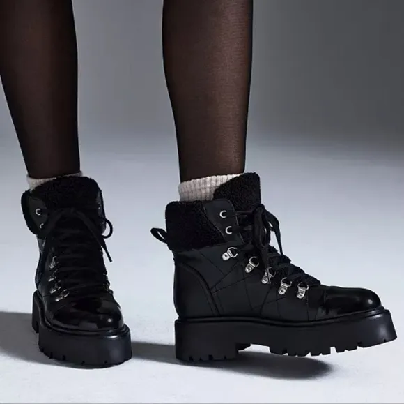Steve Madden Women's Black Reyen Lace-Up Lug-Sole Quilted Leather Hiker Boot 8.5