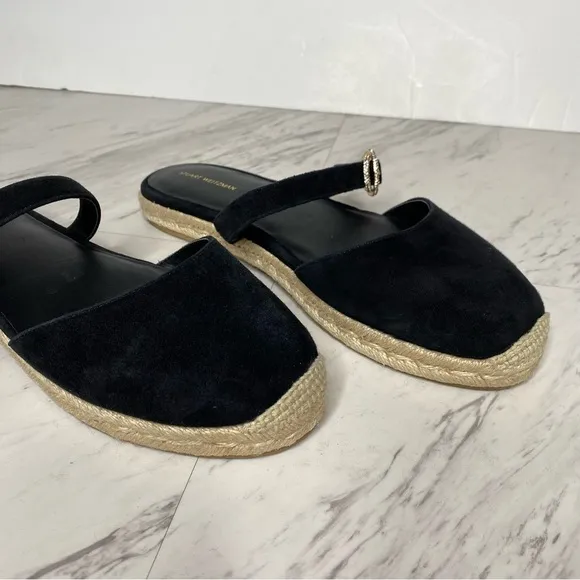 Stuart Weitzman Crystal Buckle Black Suede Espadrille Shoe 11B