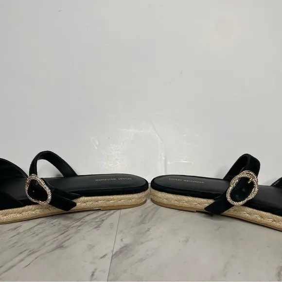 Stuart Weitzman Crystal Buckle Black Suede Espadrille Shoe 11B