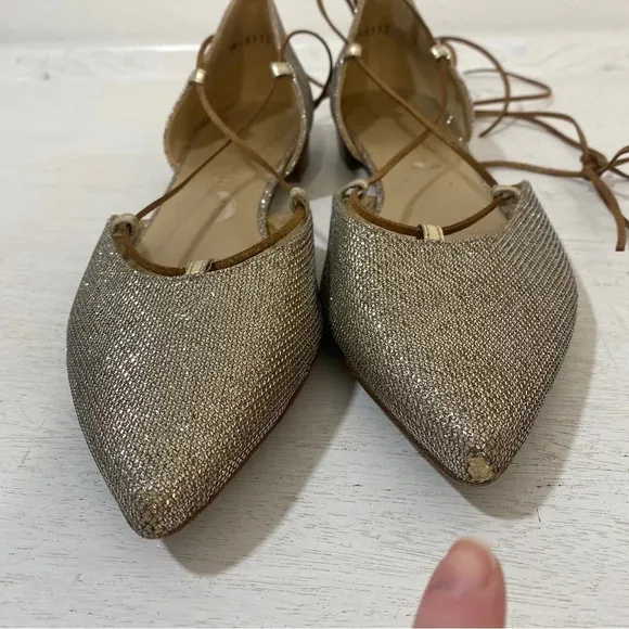 Stuart Weitzman Pointed Toe Ankle Strap Wrap Metallic D’orsay Flats Gold 10