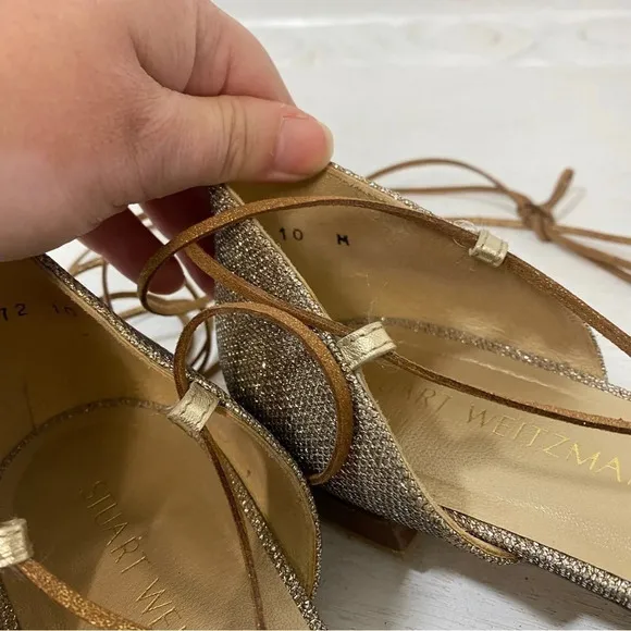 Stuart Weitzman Pointed Toe Ankle Strap Wrap Metallic D’orsay Flats Gold 10