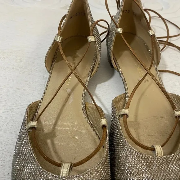 Stuart Weitzman Pointed Toe Ankle Strap Wrap Metallic D’orsay Flats Gold 10