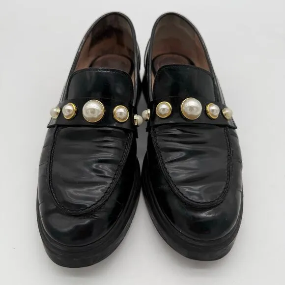 STUART WEITZMAN Suki Patent Pearly Slip On Loafers Black Preppy Academia 7.5