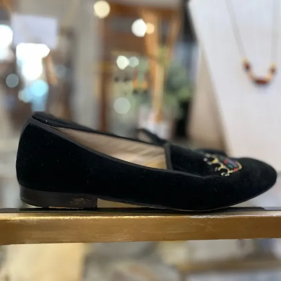 Stubbs &amp; Wootton, Black Velour Crown Detail, Flat Loafers, Size 7.5, GUC