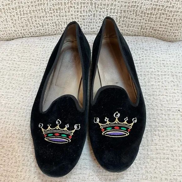 Stubbs &amp; Wootton, Black Velour Crown Detail, Flat Loafers, Size 7.5, GUC