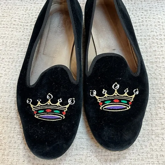 Stubbs &amp; Wootton, Black Velour Crown Detail, Flat Loafers, Size 7.5, GUC
