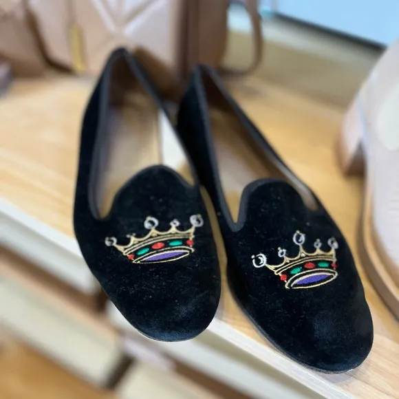 Stubbs &amp; Wootton, Black Velour Crown Detail, Flat Loafers, Size 7.5, GUC
