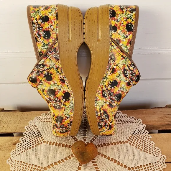 Sunflower Dansko Pro Honey Clogs Handpainted Floral Motif Boho Cottage 7.5-8