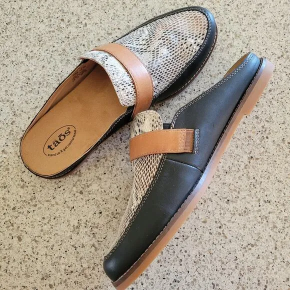 Taos Royal Mule Womens Black Leather Snakeskin Slip-On Comfort Shoes Slides✨️10