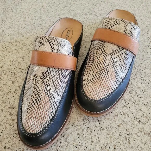 Taos Royal Mule Womens Black Leather Snakeskin Slip-On Comfort Shoes Slides✨️10