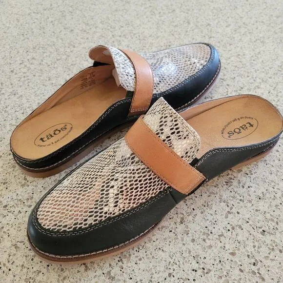 Taos Royal Mule Womens Black Leather Snakeskin Slip-On Comfort Shoes Slides✨️10