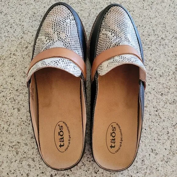 Taos Royal Mule Womens Black Leather Snakeskin Slip-On Comfort Shoes Slides✨️10
