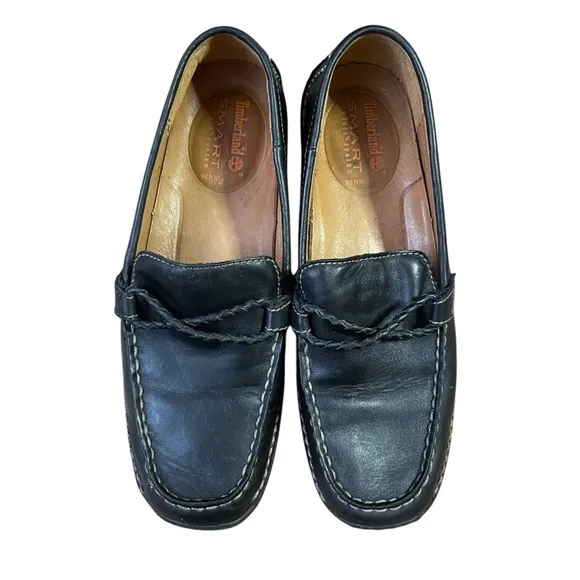 Timberland Black Leather Loafers with Decorative Strap and Rounded Toe