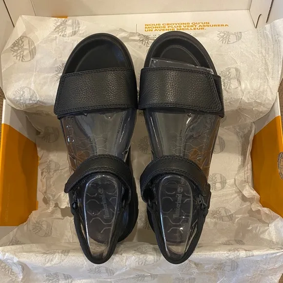 Timberland Black Leather Ray City Ankle Strap Sandals Shoes Flats Multi Size NEW