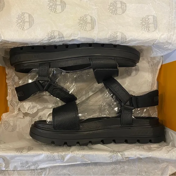 Timberland Black Leather Ray City Ankle Strap Sandals Shoes Flats Multi Size NEW