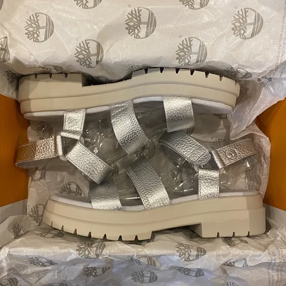 Timberland Silver London Vibe Ankle Strap Sandals Shoes Flats Multi Size NEW