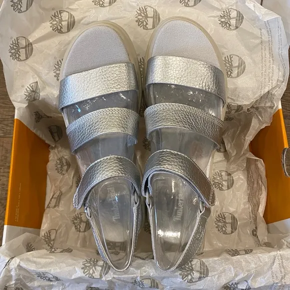 Timberland Silver London Vibe Ankle Strap Sandals Shoes Flats Multi Size NEW