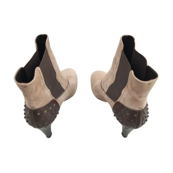 Tods Brown Suede Boots 38.5 Quilted Heel Stud 38 1/2 US 8 1/2