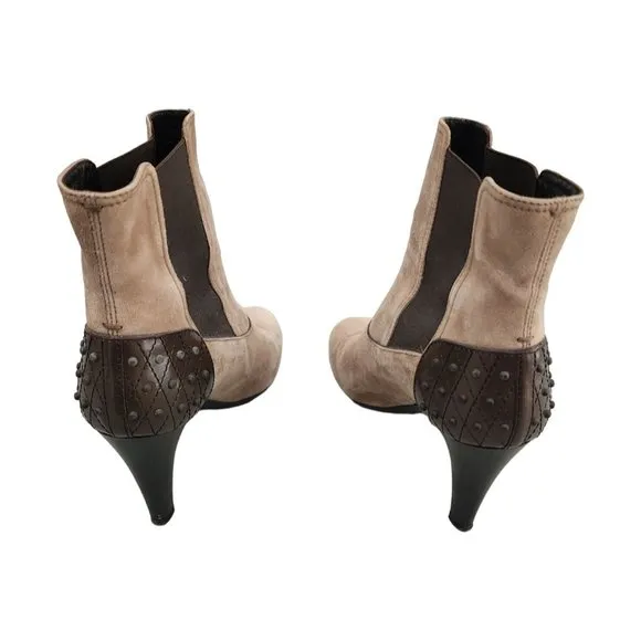 Tods Brown Suede Boots 38.5 Quilted Heel Stud 38 1/2 US 8 1/2