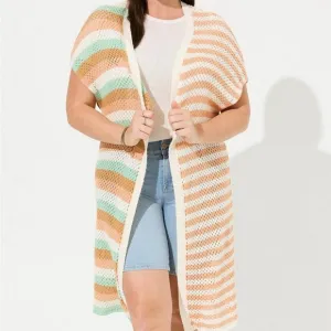 Torrid-Sweater Vest 3/4X 5/6X Crochet Duster Stripe Open Front Boho New Plus