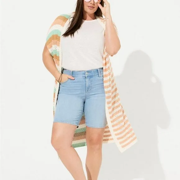 Torrid-Sweater Vest 3/4X 5/6X Crochet Duster Stripe Open Front Boho New Plus