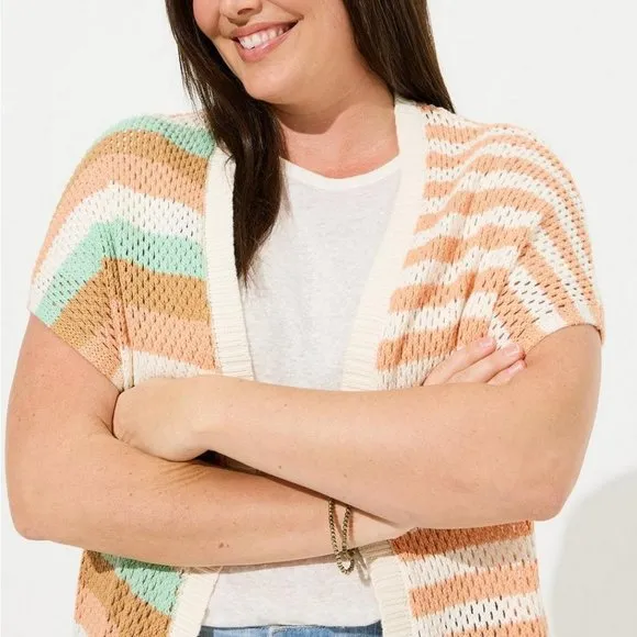 Torrid-Sweater Vest 3/4X 5/6X Crochet Duster Stripe Open Front Boho New Plus
