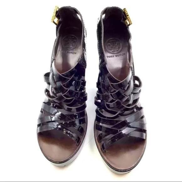 Tory Burch Black, Dark Brown &amp; Gold Gladiator Sandal Leather High Wedge Heels