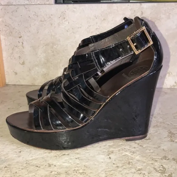 Tory Burch Black, Dark Brown &amp; Gold Gladiator Sandal Leather High Wedge Heels