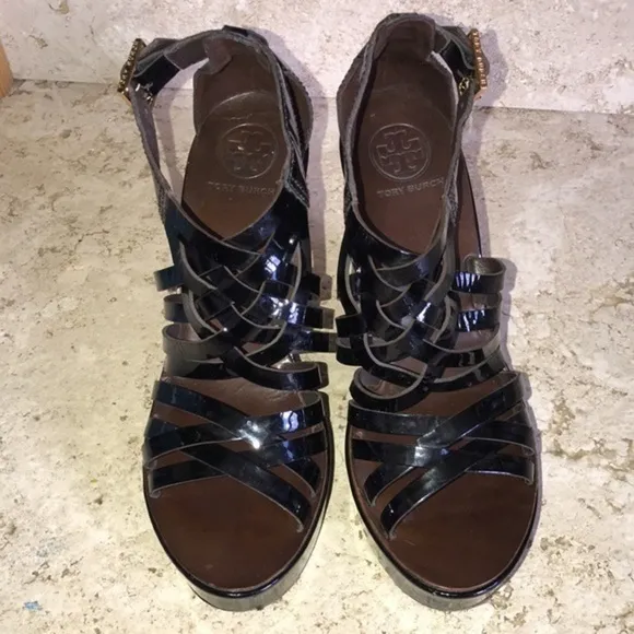 Tory Burch Black, Dark Brown &amp; Gold Gladiator Sandal Leather High Wedge Heels