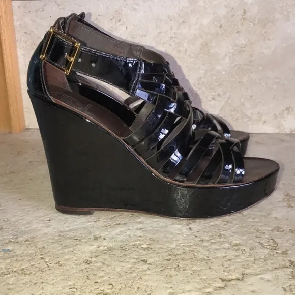 Tory Burch Black, Dark Brown &amp; Gold Gladiator Sandal Leather High Wedge Heels