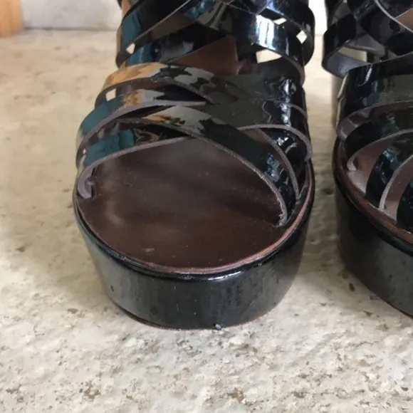 Tory Burch Black, Dark Brown &amp; Gold Gladiator Sandal Leather High Wedge Heels