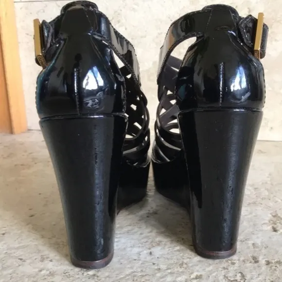 Tory Burch Black, Dark Brown &amp; Gold Gladiator Sandal Leather High Wedge Heels