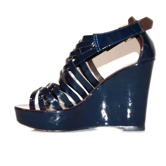 Tory Burch Black, Dark Brown &amp; Gold Gladiator Sandal Leather High Wedge Heels