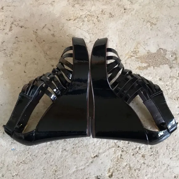 Tory Burch Black, Dark Brown &amp; Gold Gladiator Sandal Leather High Wedge Heels