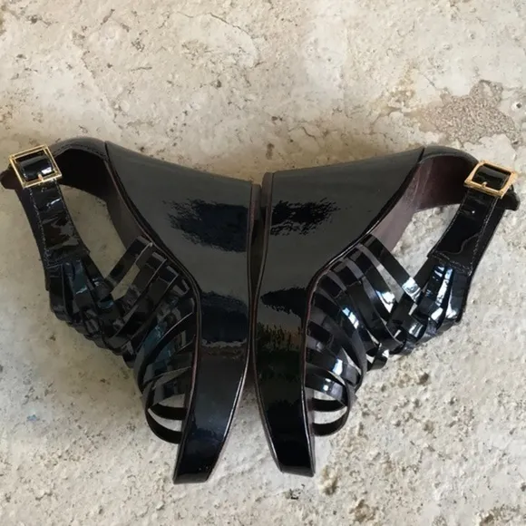 Tory Burch Black, Dark Brown &amp; Gold Gladiator Sandal Leather High Wedge Heels