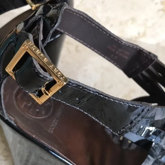Tory Burch Black, Dark Brown &amp; Gold Gladiator Sandal Leather High Wedge Heels