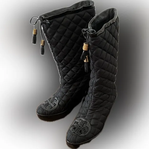 Tory Burch Black Gigi Nylon Quilted Tall wedge boots SZ 7M
