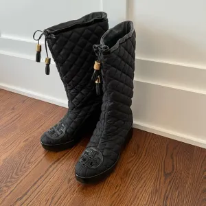 Tory Burch Black Gigi Nylon Quilted Tall wedge boots SZ 7M