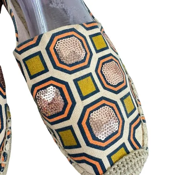 Tory Burch Cecily Sequin Embellished Canvas Espadrilles Slip On Flats Size 9