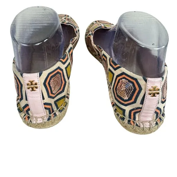 Tory Burch Cecily Sequin Embellished Canvas Espadrilles Slip On Flats Size 9