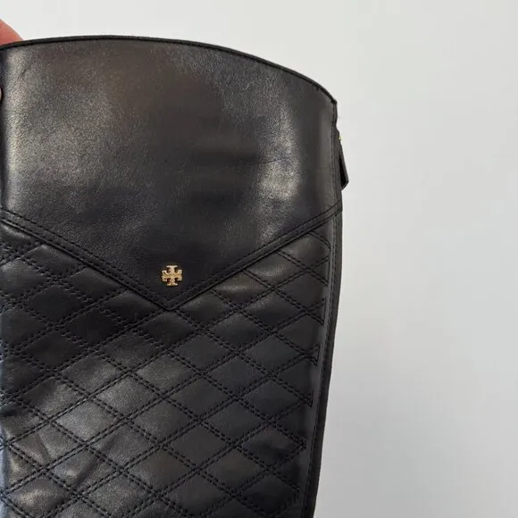 Tory Burch Claremont Quilted Pattern Leather Riding Boots Black