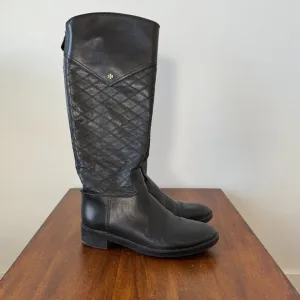 Tory Burch Claremont Quilted Pattern Leather Riding Boots Black