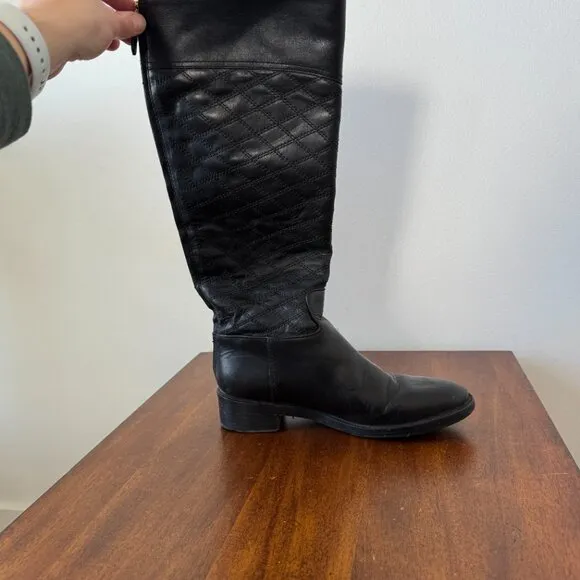 Tory Burch Claremont Quilted Pattern Leather Riding Boots Black