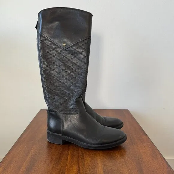 Tory Burch Claremont Quilted Pattern Leather Riding Boots Black