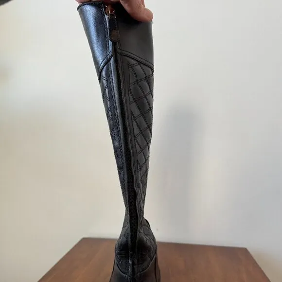 Tory Burch Claremont Quilted Pattern Leather Riding Boots Black